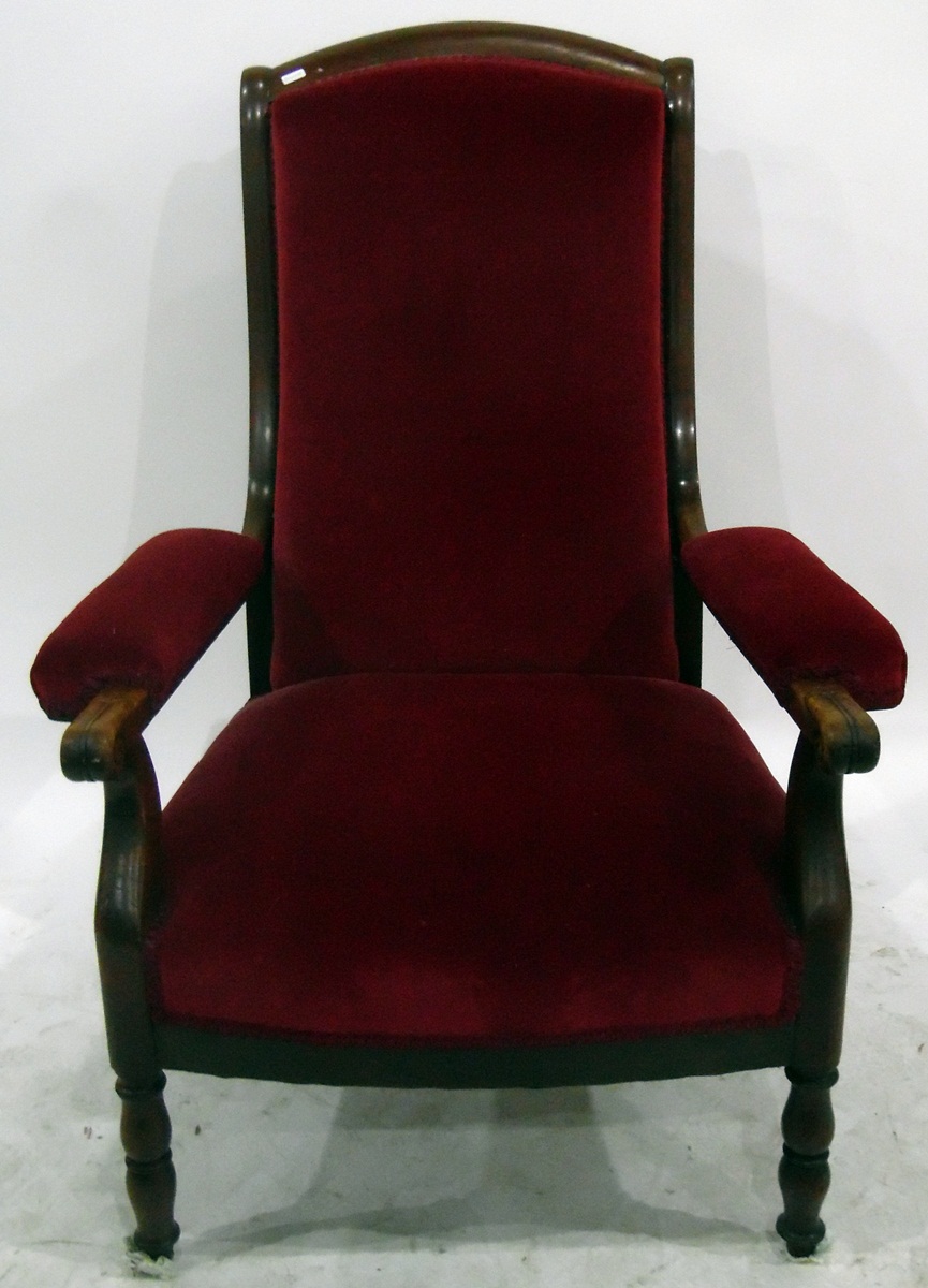 19th century mahogany and red upholstered open armchair with upholstered back and seat,