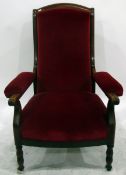 19th century mahogany and red upholstered open armchair with upholstered back and seat,