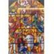 Tapestry of a stained glass window with Hebrew text,