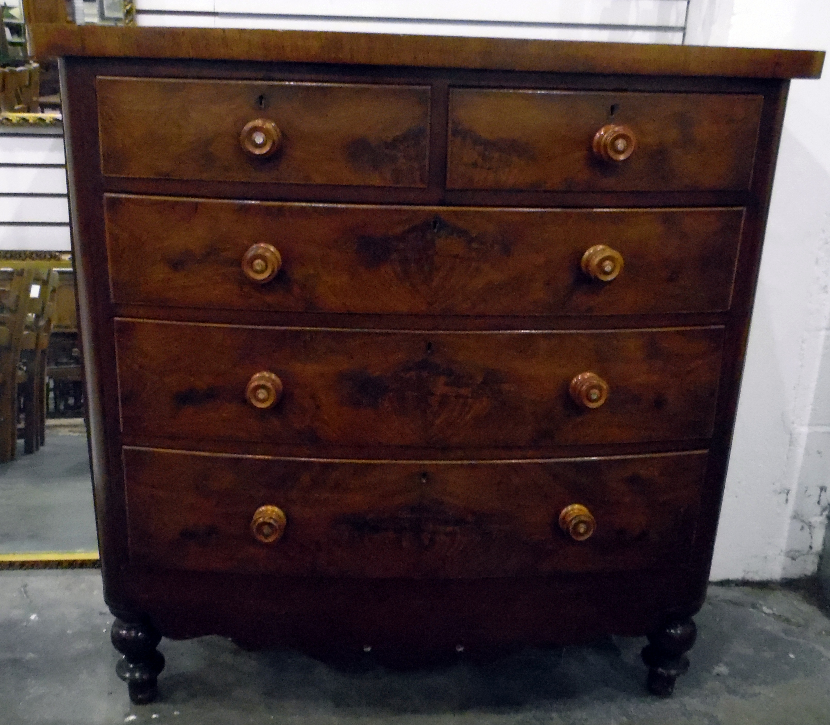 Victorian mahogany veneered bow fronted chest of two short and three long drawers, - Image 2 of 2