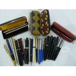 Collection of fountain and ballpoint pens and pencils including Parker, Mont Blanc, Osmiroid,