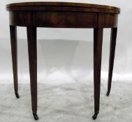 George III mahogany and satinwood banded demi-lune foldover top tea table,