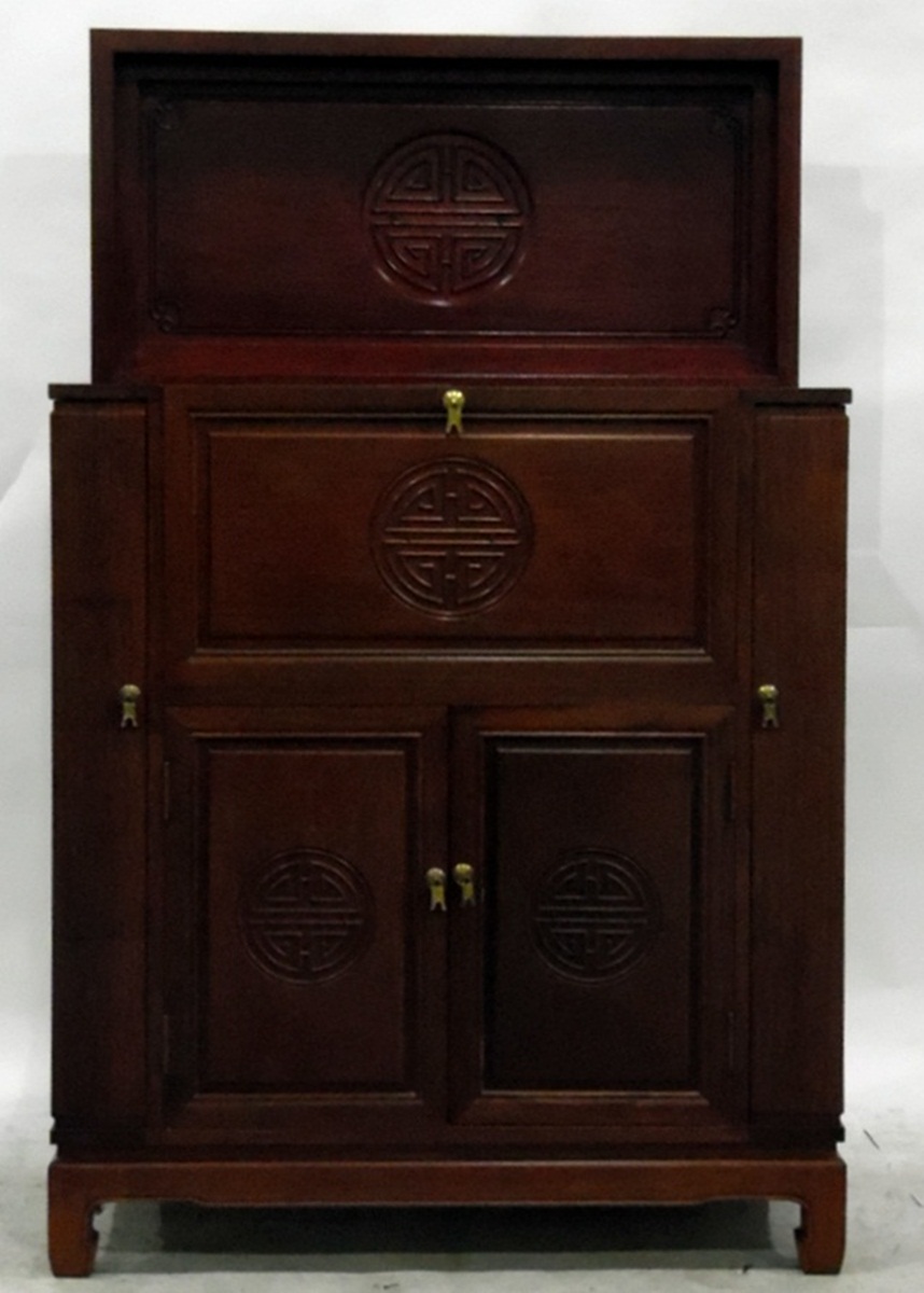 Oriental export rosewood cocktail cabinet with fitted interior to various cupboards, - Image 3 of 4