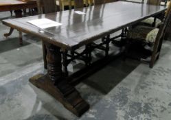 17th century style oak refectory table, having three plank top,