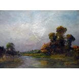 Late 19th/early 20th century school Oil on canvas River landscape with cottage,