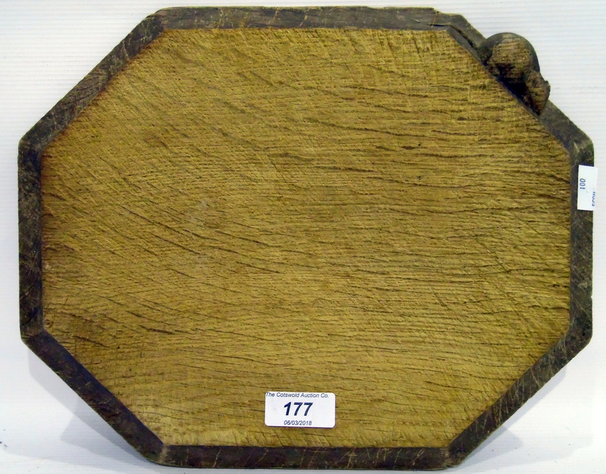 Robert 'Mouseman' Thompson oak bread board, elongated octagonal, - Image 3 of 3