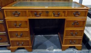 Modern yew finish reproduction kneehole pedestal desk,