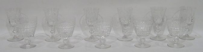 Set of five reproduction cut glass rummers with wreath and faceted bowl,
