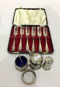 Set of six silver pickle forks, cased,