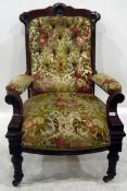 Late Victorian/Edwardian gentleman's open armchair with carved and shaped crest rail,