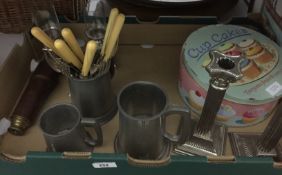 Assorted metalware to include pewter tankards, silver-coloured metal candlesticks, fire tools,