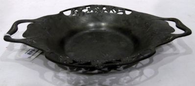 Art Nouveau English pewter two-handled dish with three-leaf clover border, scroll handles,