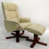 Cream leatherette reclining easy armchair with footstool