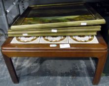 1970's tile-top coffee table of square form, and three oils on board,