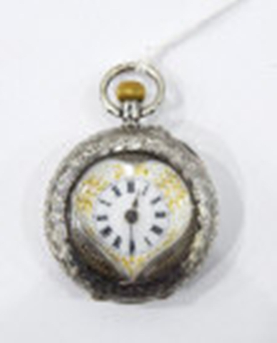 Lady's silver fob watch with heart-shaped enamel dial, Roman numerals,