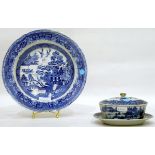 Blue and white dish with cover and stand, oriental decorated, 7.