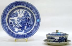 Blue and white dish with cover and stand, oriental decorated, 7.