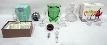 Pair of Tipperary crystal tumblers (boxed), a pair of Dartington glass glasses, two paperweights,