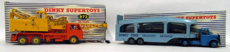 Dinky Supertoys 20 tonne lorry mounted crane, no.972 and a Pulmore car transporter, no.