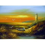 Engle (20th century) Oil on canvas Lighthouse at sunset with boat in foreground,