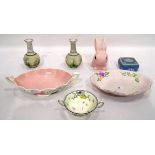 Sylvac pink bunny, a Crown Devon two-handled oval dish, another Crown Devon dish, a pair of vases,