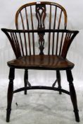Antique yew windsor chair with railback and central pierced splat,