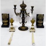 Pair of Regengy-style gilt metal and marble candlesticks, urn-design, on column base,