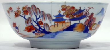 Chinese Imari porcelain bowl painted with figures in rocky landscape with buildings,