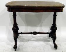 Victorian burr walnut veneered and inlaid stretcher table on turned standards and turned pole