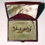 15ct gold and cultured pearl bar brooch in the form of three swallows in flight,