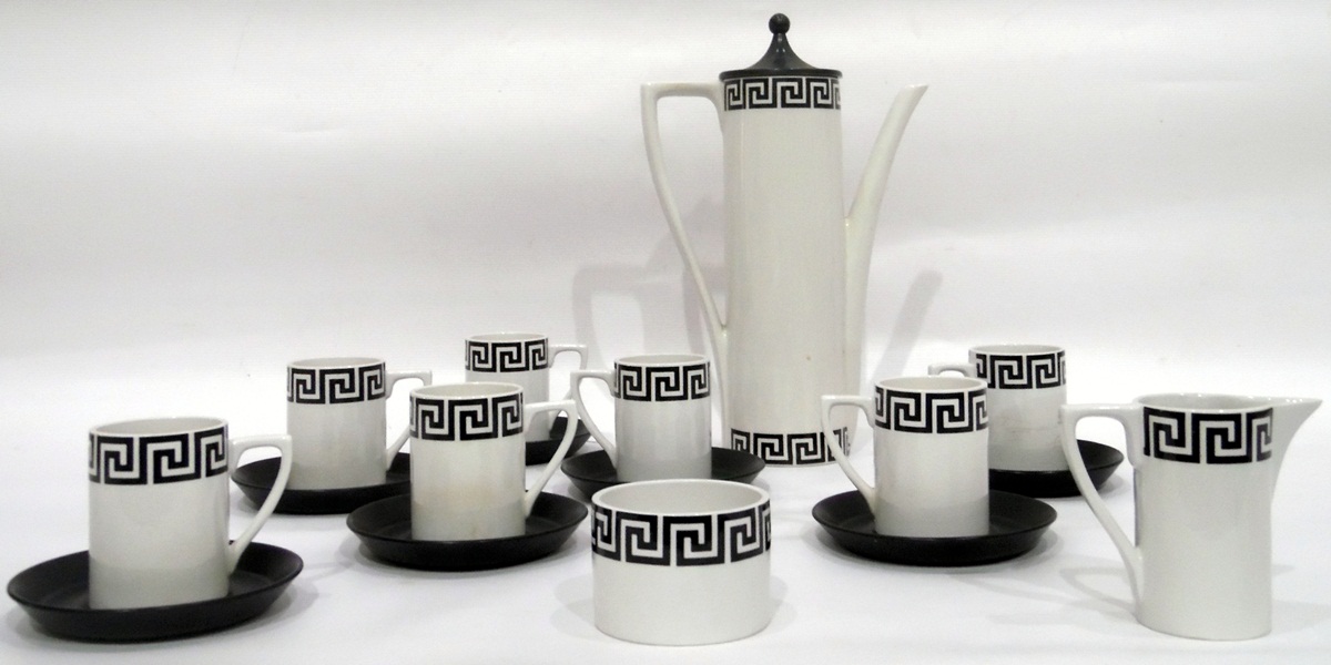Susan Williams-Ellis for Portmeirion pottery 'Greek Key' coffee service comprising coffee pot,