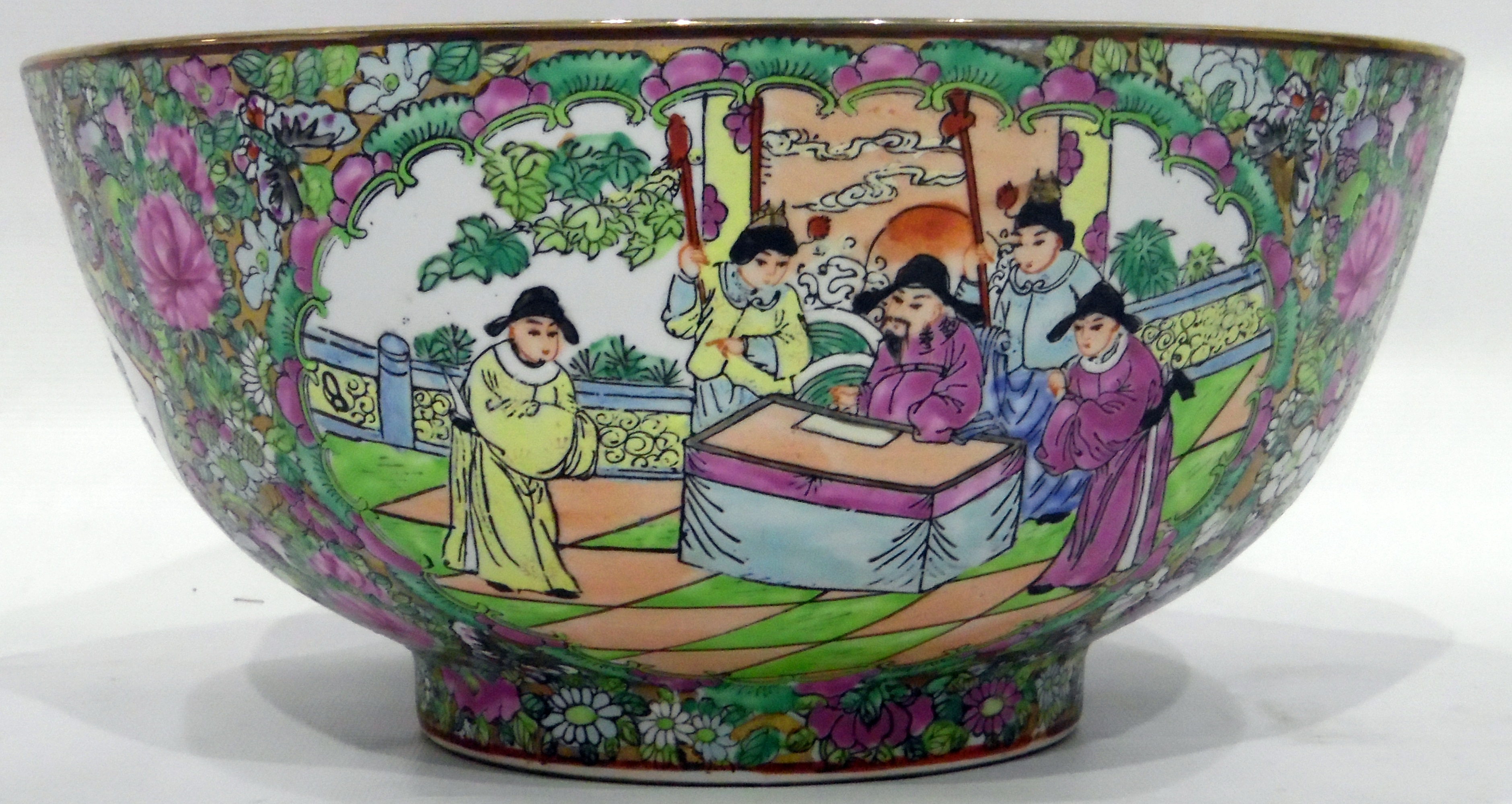 Large modern Chinese bowl decorated with panels of figures and flowers within profuse floral - Image 2 of 3