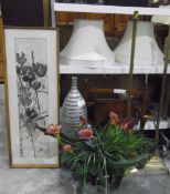 Two standard lamps, firescreen, decorative vase, wooden tribal masks, assorted walking sticks,