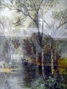 Unattributed Pair oils on canvas under glass Lake scenes with deer and swans 39cm x 29cm,