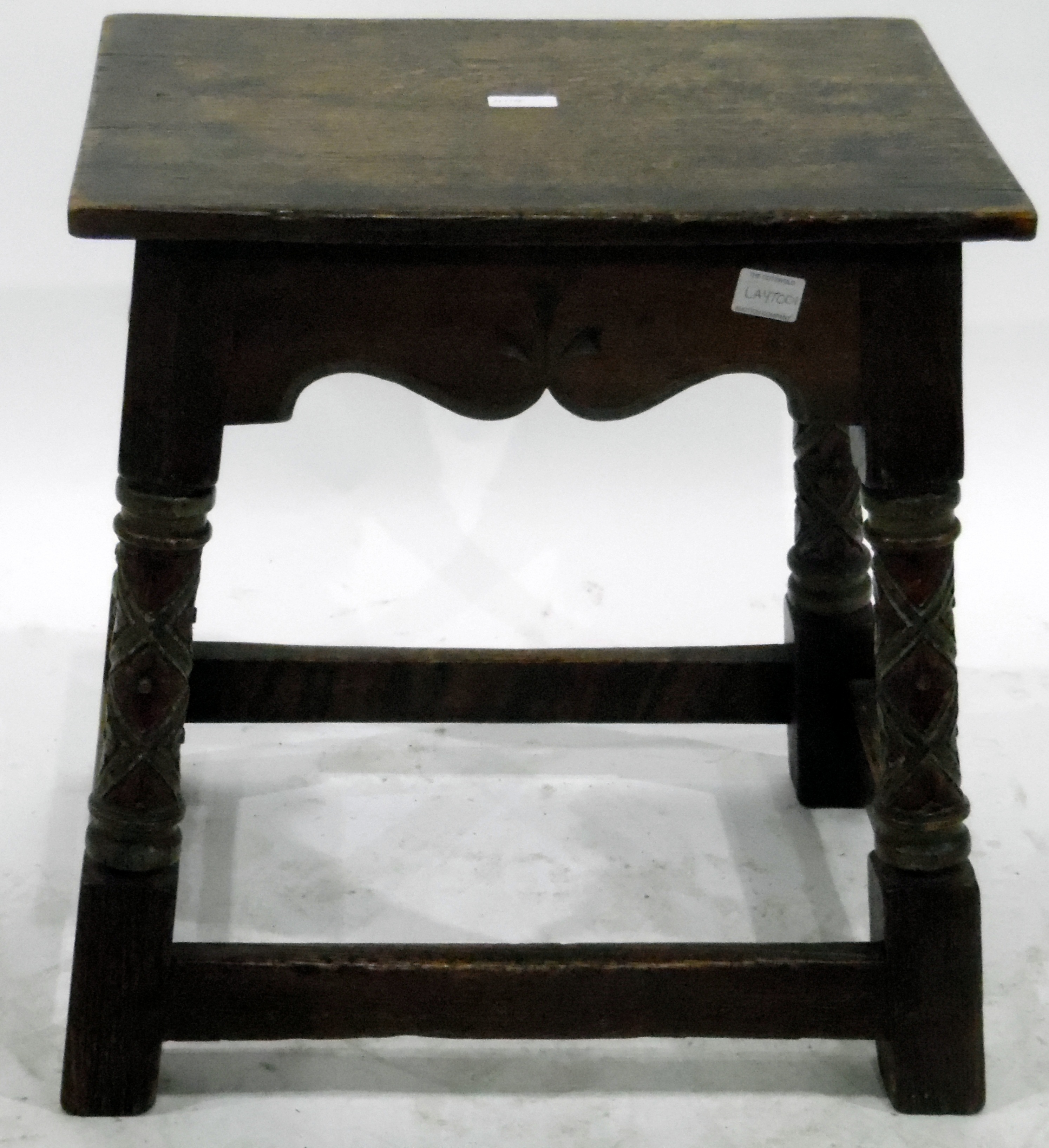 Late 19th century oak joint stool in revived Medieval style, having shaped and carved apron, - Image 2 of 2
