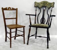Edwardian mahogany framed open armchair with upholstered shaped crest rail,