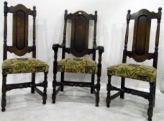 Set of eight late Carolean style oak dining chairs with shaped crest rail, field panelled backs,