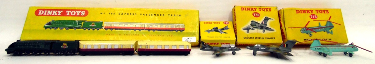 Dinky Toys express passenger train, no.798, a Bristol 173 helicopter, no.
