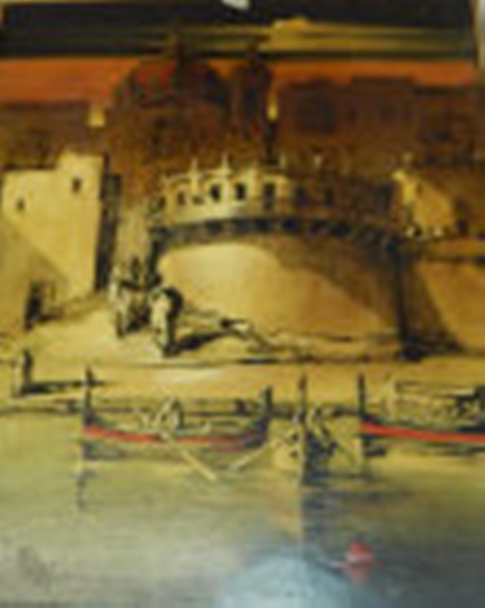 Mixed media oil on panel Venetian scene with gondolas