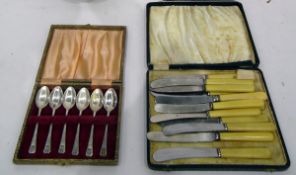 Three boxed sets of silver plated flatware and a pair of silver plated sugar nips