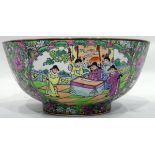 Large modern Chinese bowl decorated with panels of figures and flowers within profuse floral