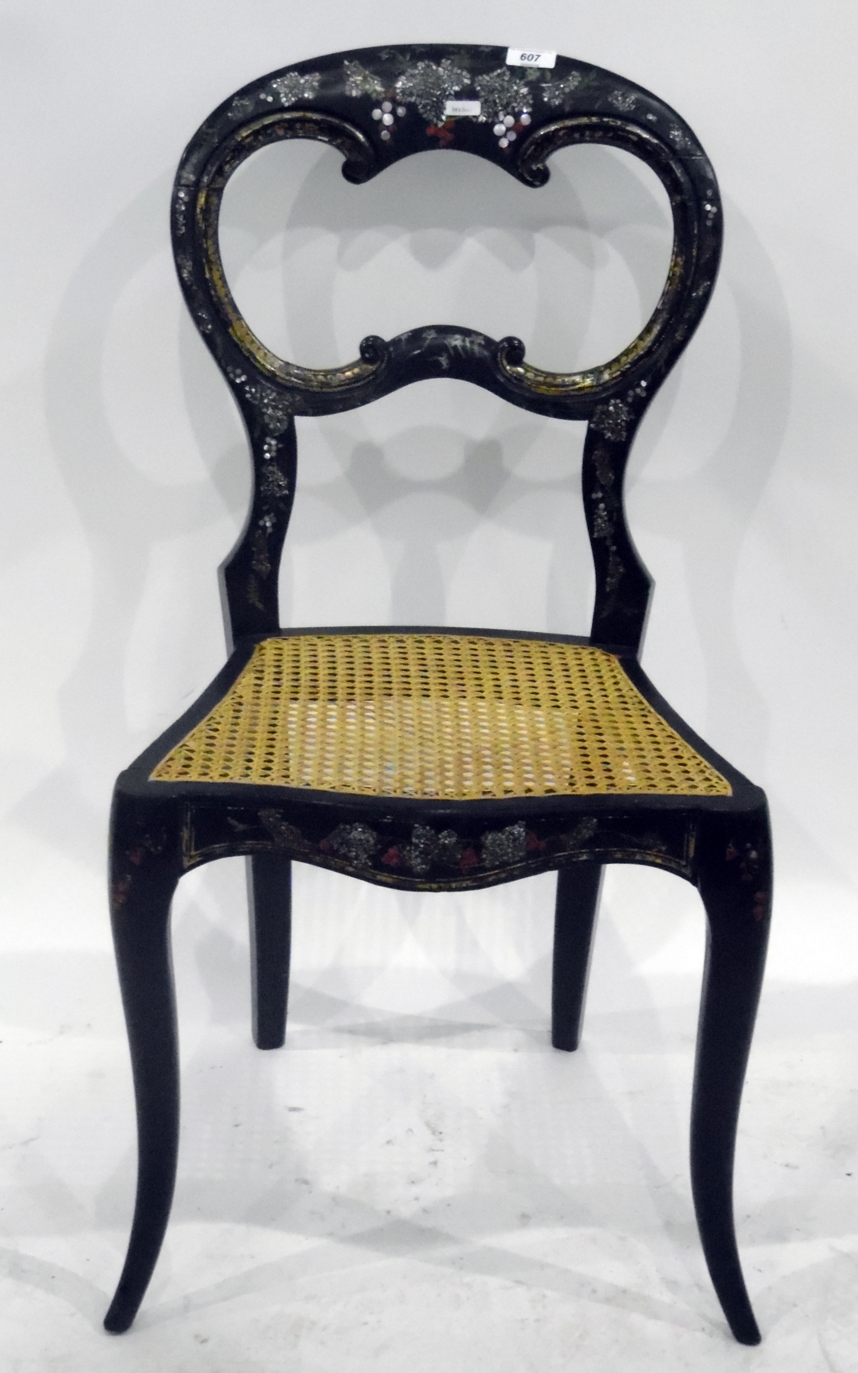 Victorian gilded and mother-of-pearl inlaid papier mache chair with cane seat and vine decoration - Image 2 of 2