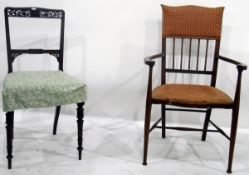 Edwardian open arm elbow chair with padded back over open spindles, shaped padded seat,