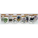 Six Portmeirion 'The Botanic Garden' pattern large storage jars with wooden lids and three smaller