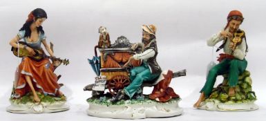 Collection of tinted bisque Capodimonte figures including organ grinder and monkey limited edition