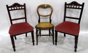 Cane seated chair and a pair of mahogany dining chairs with pink velvet upholstered seats,