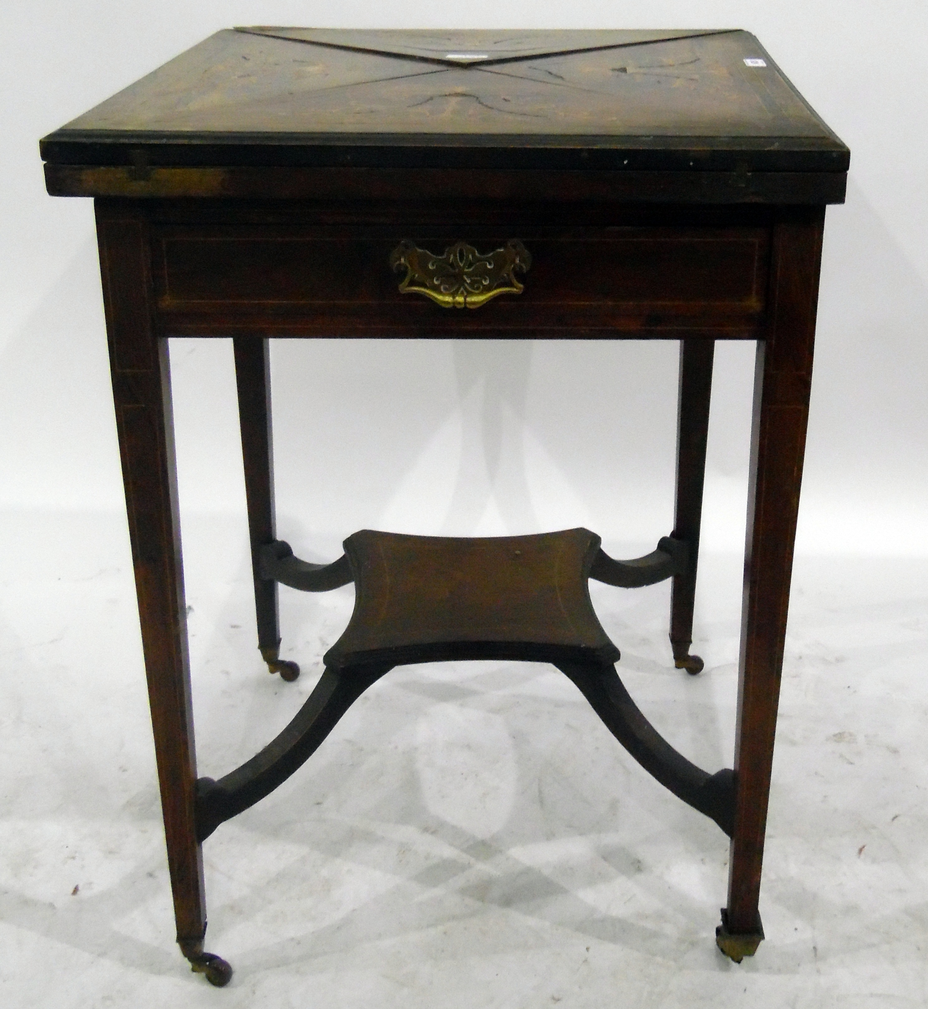 19th century walnut card table with inlaid fold-out top revealing coin holders and inset green - Image 2 of 2