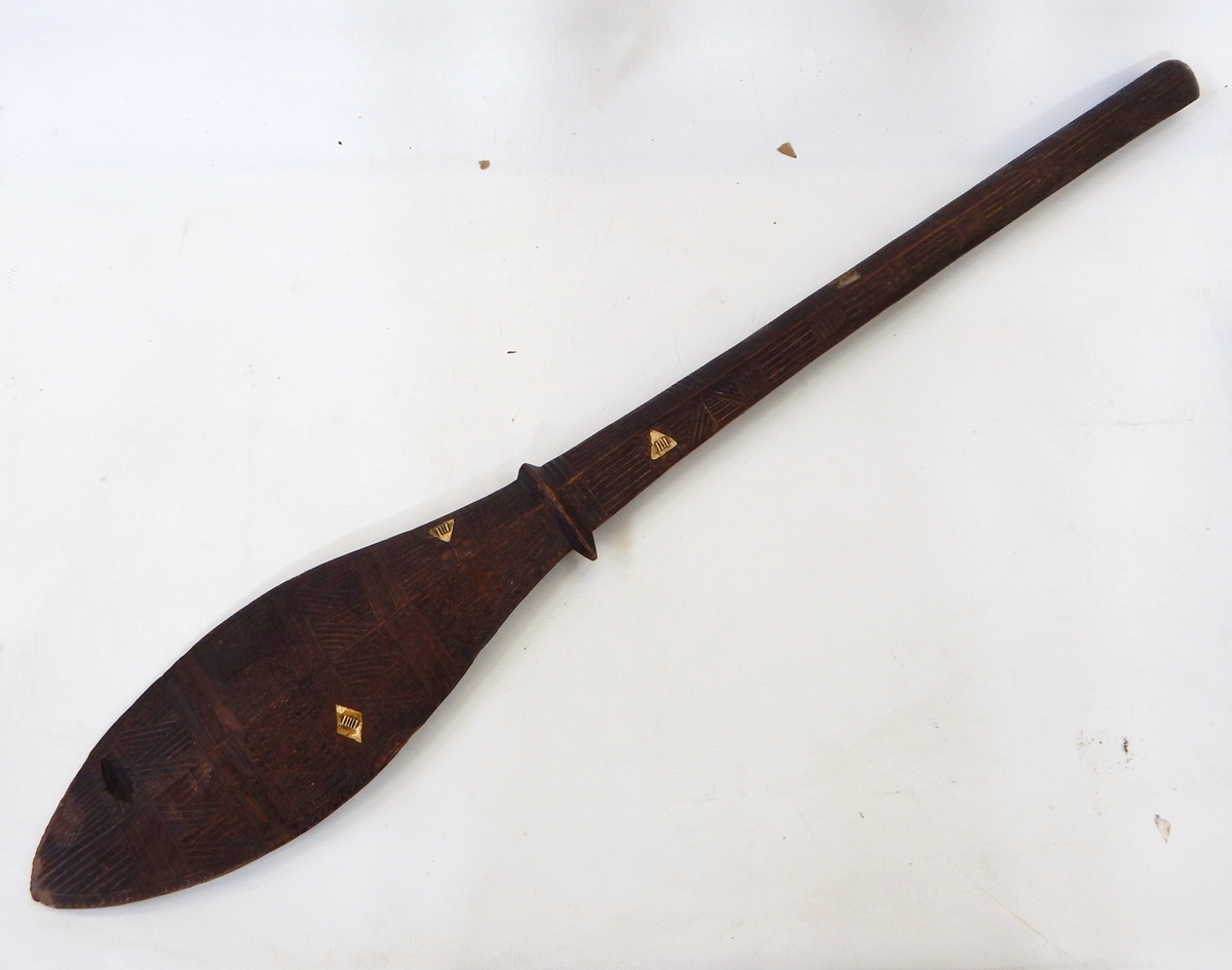 Southseas finely carved and bone inlaid ceremonial paddle, possibly Austral Islands,