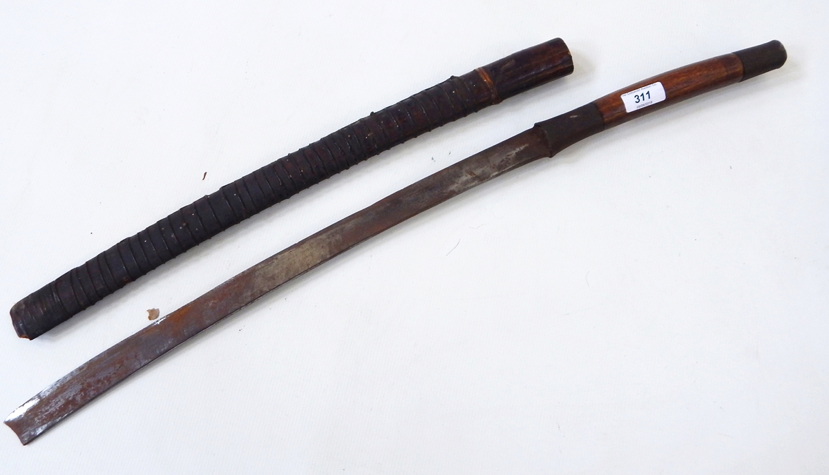 Japanese sword with wooden handle and metal mounts and a WWII fire axe, patent no.