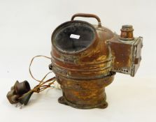 Copper cased ship's compass with glass viewing panel and light box to side,